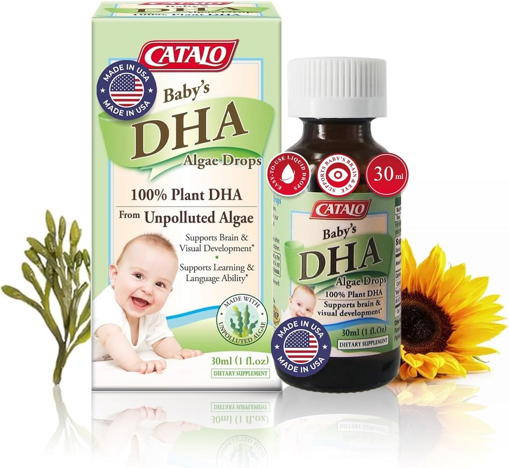 CATALO Baby’s Algae DHA Drops - Plant-Based Omega-3 Supplement for Infants - No Fish Oil, No Artificial Additives - Easy-to-Use Liquid DHA Supplements - 30ml (1 fl oz)
