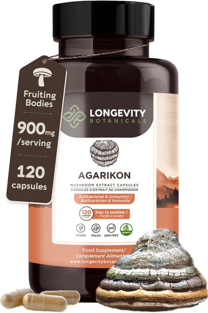 Longevity Botanicals Agarikon Mushroom Extract Capsules (120) | Concentrated 10:1 Ratio | 100% Fruiting Bodies | Laricifomes Officinalis Supplement for Immunity & Respiratory Support