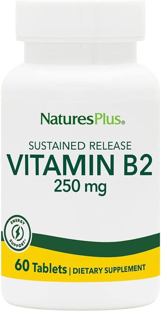 NaturesPlus Vitamin B2 (Riboflavin) - 250 mg, 60 Vegetarian Tablets, Sustained Release - Natural Energy & Metabolism Booster, Promotes Overall Health - Gluten-Free - 60 Servings