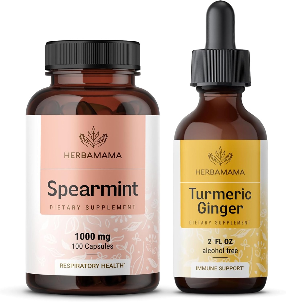 HERBAMAMA Spearmint and Turmeric Ginger Kit - Bundle of 1000 mg Spearmint Leaf Capsules & Turmeric Ginger Tincture 2 fl oz - Vegan, Non-GMO, Sugar & Alcohol-Free - 2 Pack