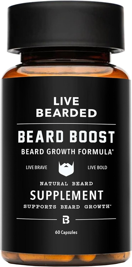Live Bearded Beard Boost - Beard Growth Vitamins for Men with Biotin, Collagen, Silica, Fo-Ti Root - Facial Hair Growth for Men, Made in The USA | 30-Day Supply