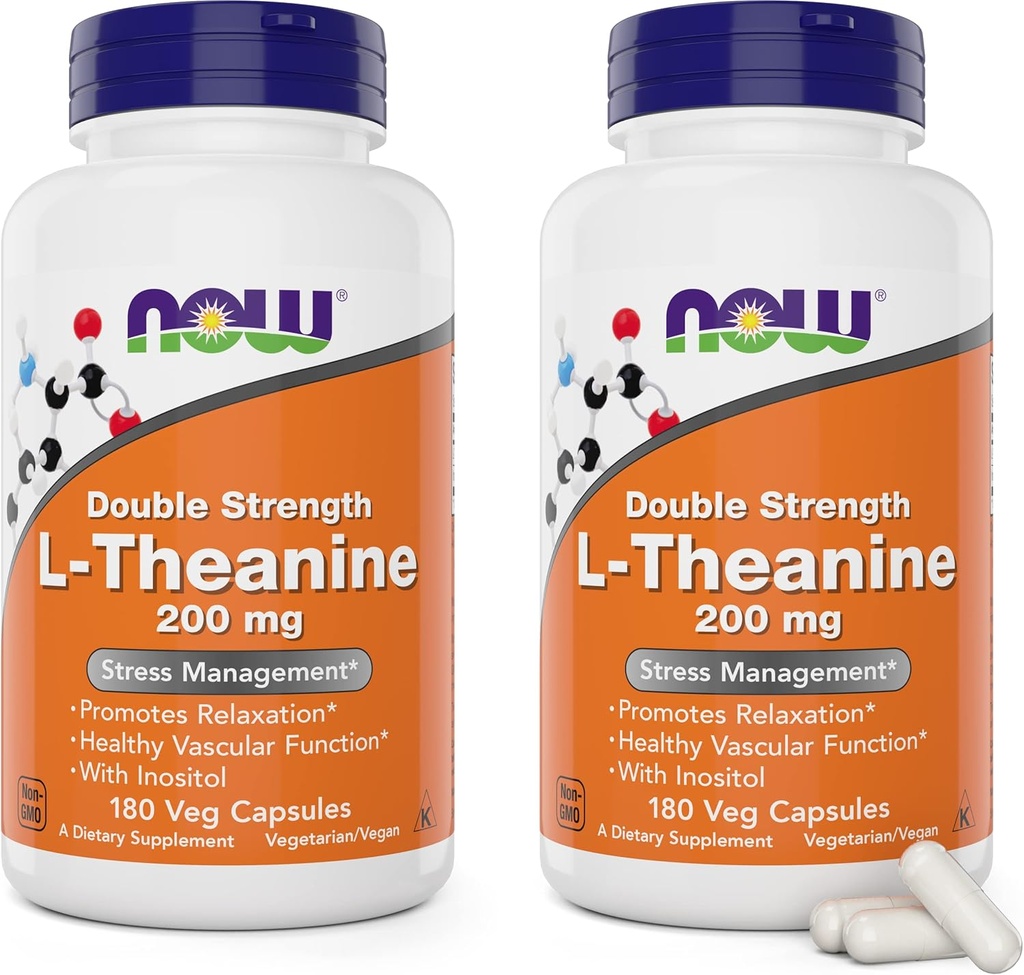 NOW Foods L-Theanine, Double Strength 200 mg Per Cap - 180 Veg Capsules (Pack of 2) (360 Total caps) - Enhanced with 100mg Inositol - Vegetarian, Non-GMO - Ltheanine 200mg Supplement