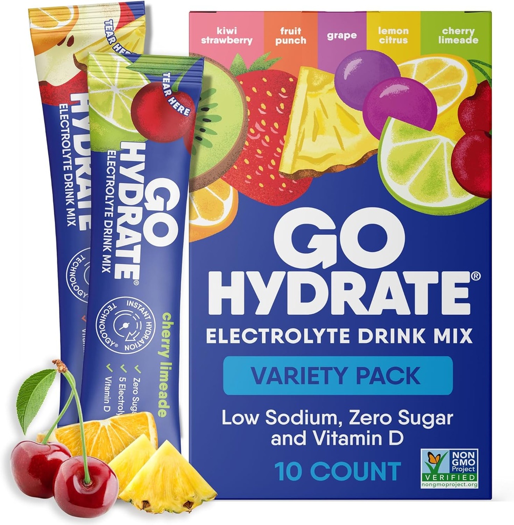 GoHydrate Instant Hydration Powder Packets - Low Sodium Electrolytes Drink Mix - Natural Hydration Support, Sugar Free Electrolyte Flavored Powder Drink with Vitamin D, 10 Packs, Mixed