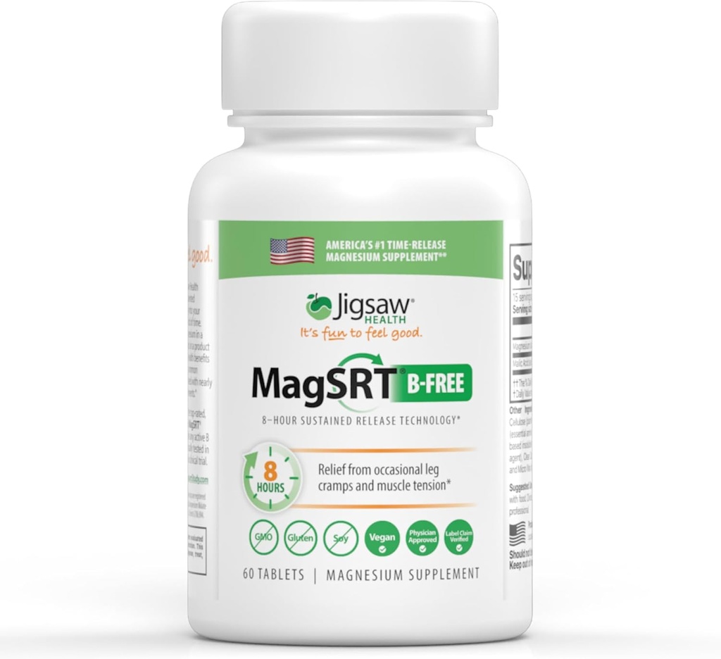 Jigsaw Health MagSRT (B-Free) | Premium, Organic, Slow Release Magnesium Supplement | Active, Bioavailable Magnesium Malate Tablets | 60 Tablets | 15 Servings