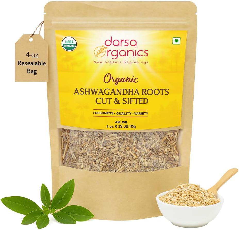 Ashwagandha Root Cut & Sifted 4 oz - USDA Organic Certified Withania Somnifera Supports Healthy Stress Relief, Energy and Sleep, Great for Teas and Smoothies, Non-GMO, Vegan, Kosher