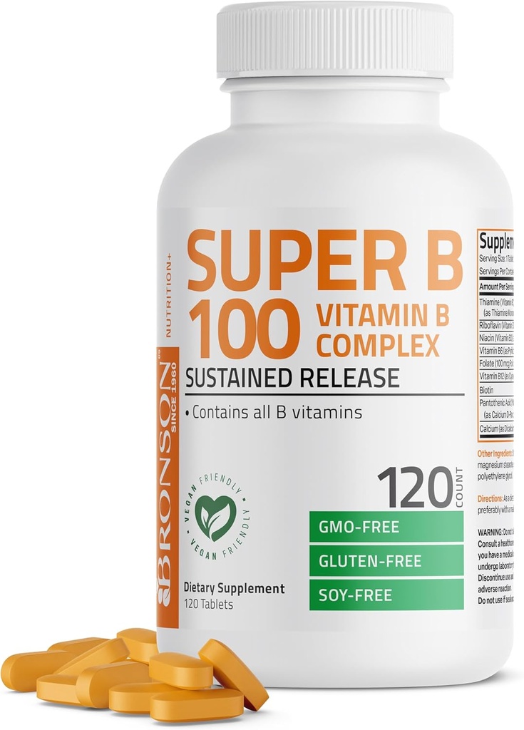 Bronson Super B100 Vitamin B Complex Sustained Release Contains All B Vitamins (Vitamin B1, B2, B3, B6, B9 - Folic Acid, B12), 120 Tablets