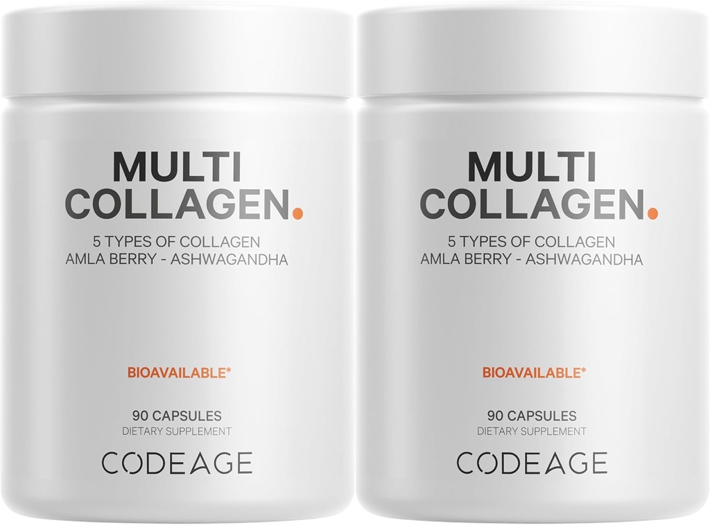 Codeage Multi Collagen Capsules – 5 Collagen Types I, II, III, V & X – Hydrolyzed Grass-Fed Bovine Protein with Ashwagandha, Amla, and Vitamins - 2-Pack