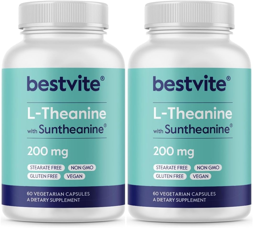 BESTVITE Double Strength Suntheanine L-Theanine 200mg – Patented & Clinically Studied – 120 Vegetarian Capsules (2 x 60) – Vegan – No Stearates – Non GMO – Gluten Free – Relaxation Support