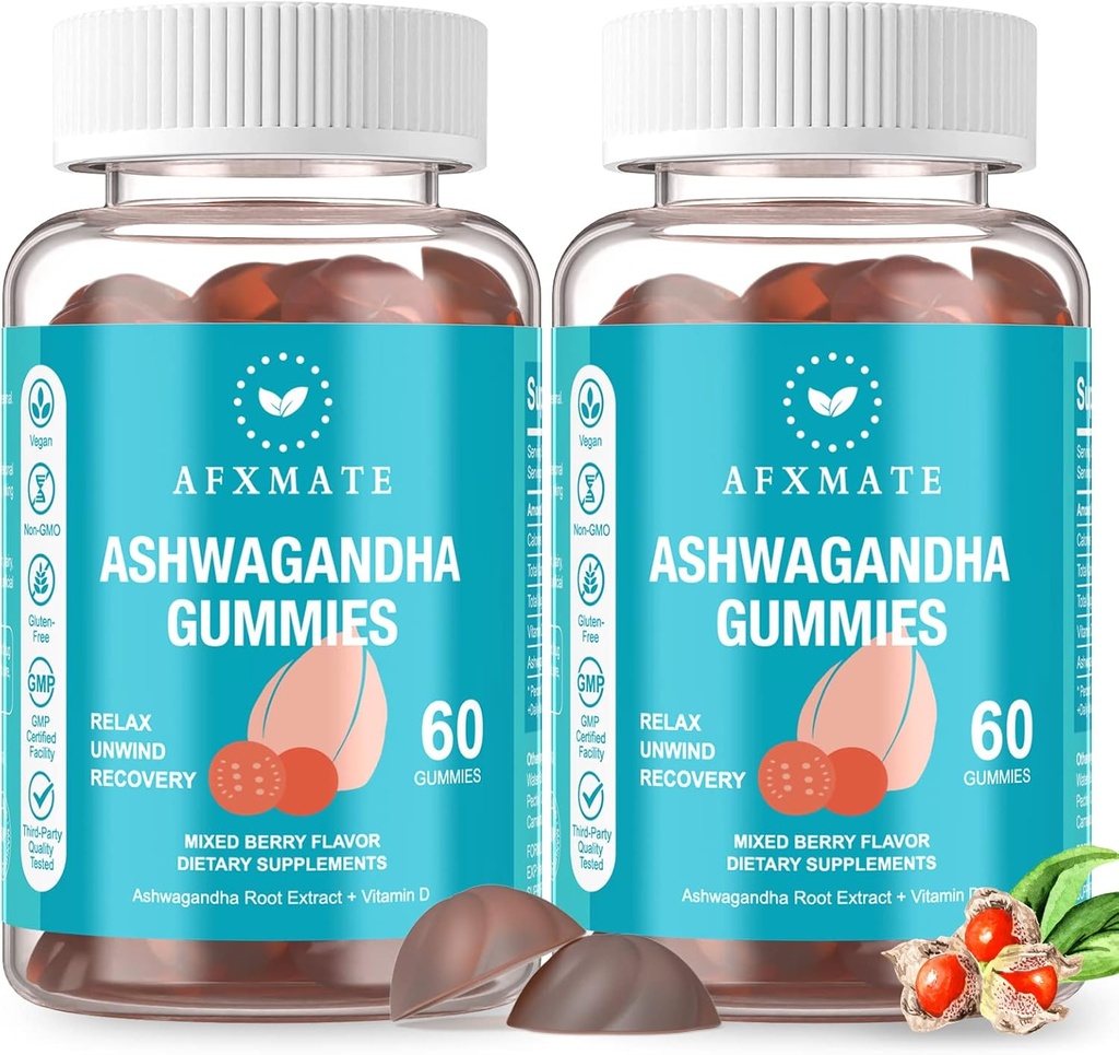AFXMATE Ashwagandha Gummies & Vitamin D Gummies for Men & Women 120 Count Aswangdha Supplement (Non-GMO, Sugar Free & Gluten Free)