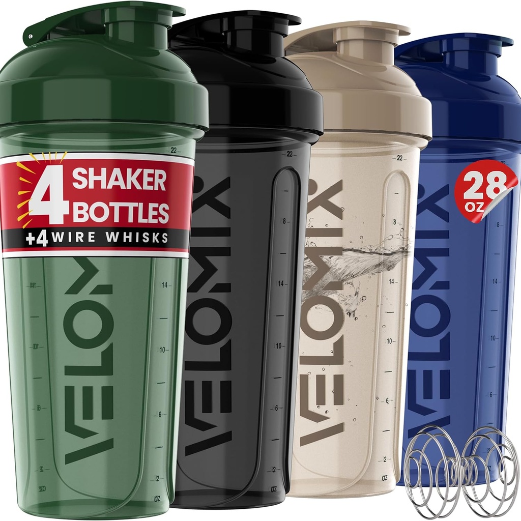 VELOMIX -4 PACK- 28 oz Shaker Cups for Protein Shakes - 4x Wire Whisk | Leak Proof Protein Shaker Bottles for Protein Mixes | Protein Shaker Bottle Pack | Mixer for Protein Shakes (Forest Edge)