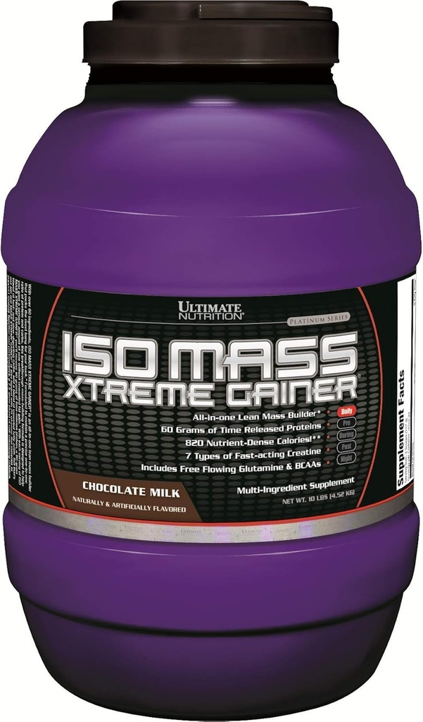 Ultimate Nutrition ISO Mass Xtreme Gainer, Weight Gainer Protein Powder with Creatine, 60 Grams of Protein, Whey Isolate Protein Powder for Lean Muscle Gain, 10 LBS with 30 Servings, Chocolate