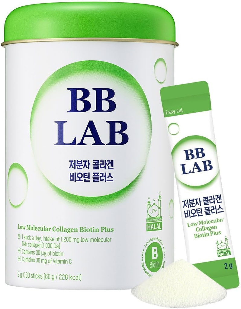 BB LAB Low Molecular Collagen Biotin Plus, Halal Collagen, Powder Supplement, Korean Marine Collagen, Fish Collagen Peptides, Biotin, Vitamin C, Fast Absorption, Shine Muscat Flavor