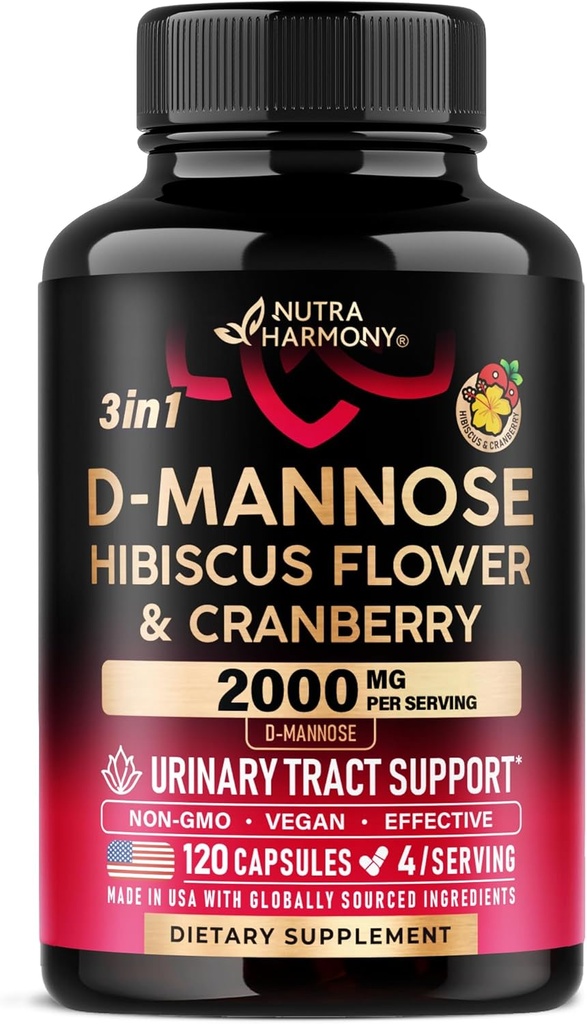 D-Mannose 2000mg with Cranberry & Hibiscus - Clinically Tested Strength for Urinary Tract Health - Supplement for Women - Bladder, Liver & Microflora Support - Made in USA - Vegan, 120 Capsules