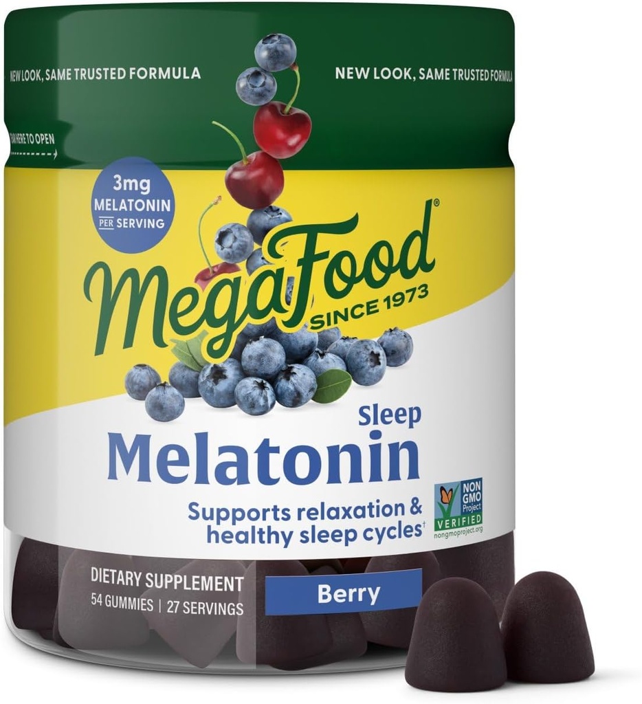 MegaFood Melatonin Gummies - Melatonin 3mg per Serving to Help Relax & Fall Asleep – Sleep Gummies for Adults - Berry Flavor, Non-GMO, Certified Vegan - 54 Count (27 Servings)