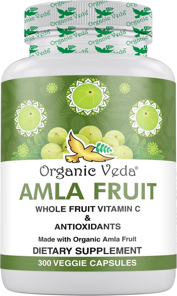Organic Veda Amla Capsules - 1500mg, 300 Capsules Organic Whole Fruit Amla Powder - Natural Vitamin C for Immunity, Skin Radiance, Antioxidants - Vegan, Non GMO, Raw Vitamin C Supplements