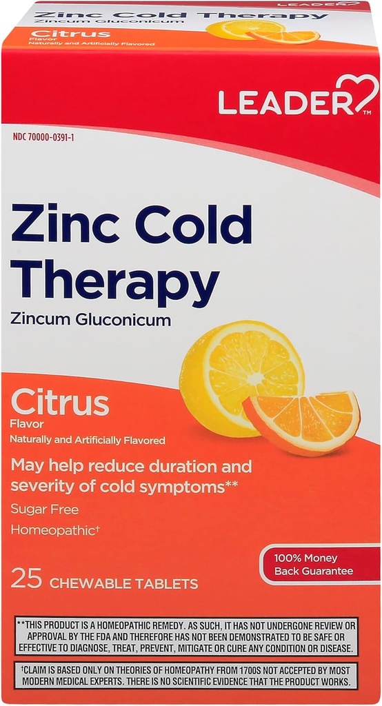 LEADER Zinc Cold Therapy Chewable Tablets, Non-Drowsy Homeopathic Zinc Supplement, Reduces Duration and Severity of Cold Symptoms, Fast Acting Cold Remedy, Citrus Flavor, Sugar Free, 25 Count