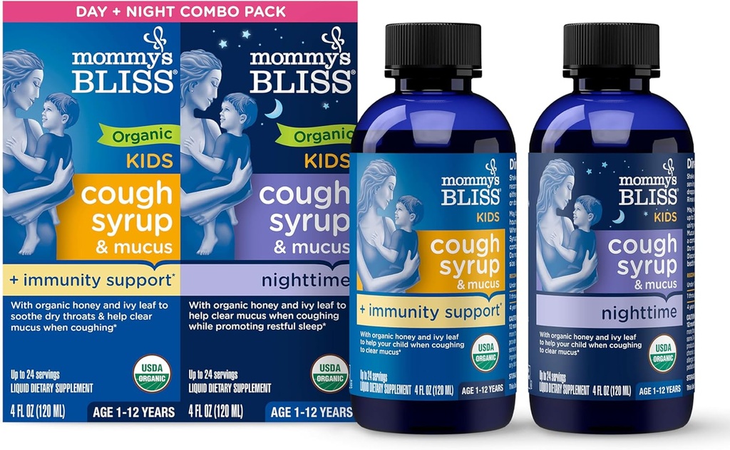 Mommy's Bliss Organic Cough Syrup & Mucus for Kids, Day and Night Combo Pack with Vitamin C and Immunity Support, Contains Organic Honey and Ivy Leaf, 4 Fl Oz (Pack of 2)