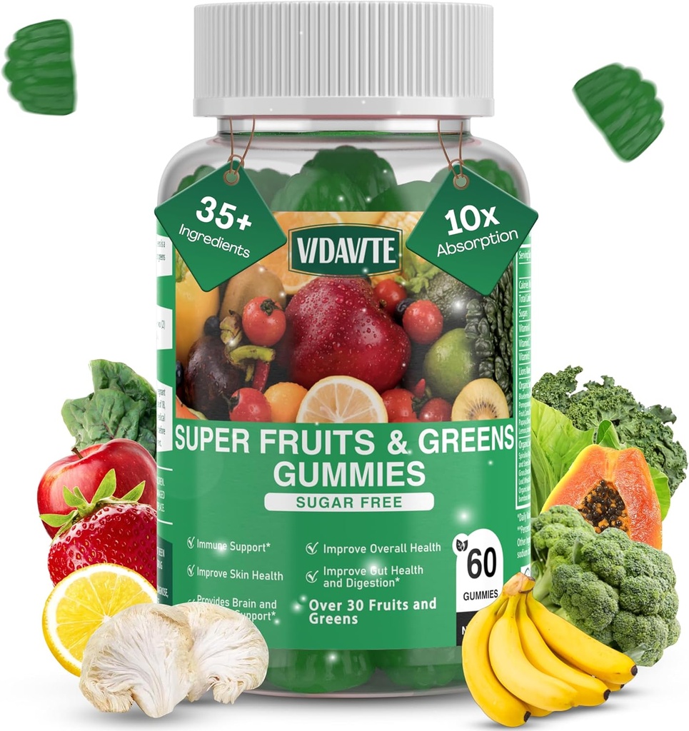 Sugar-free Super Greens Gummies — US-Made, 35+ Fruit and Veggie gummies to Boost Immunity, Skin & Gut Health — Ideal Fruits and Vegetables Supplement for Adults & Picky Teens (30-Days Supply)