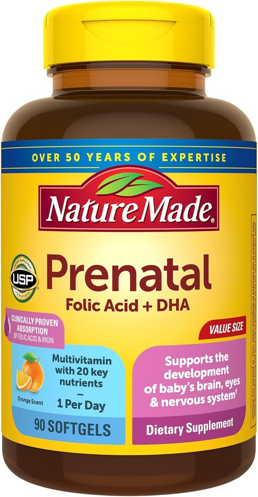 Nature Made Prenatal with Folic Acid + DHA, Prenatal Vitamin and Mineral Supplement for Daily Nutritional Support, 90 Softgels, 90 Day Supply