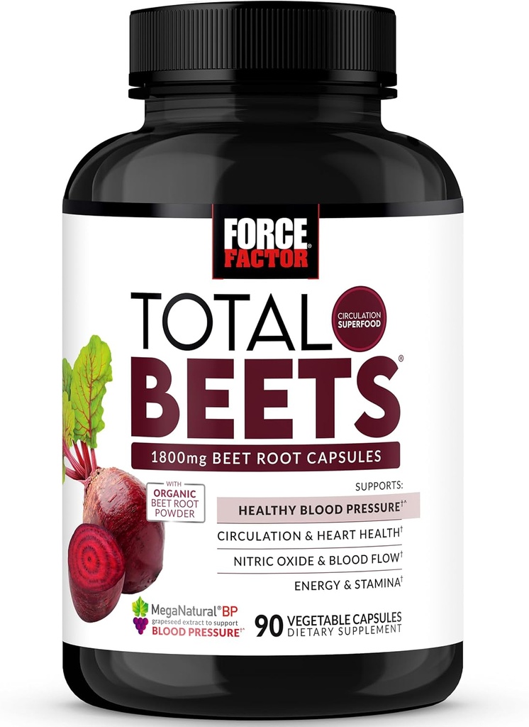 Force Factor Total Beets Blood Pressure Support Beet Root Capsules, 1800mg Organic Beet Root Powder Beet Supplement with Hawthorn Berry to Support Circulation and Blood Flow, 90 Vegetable Capsules