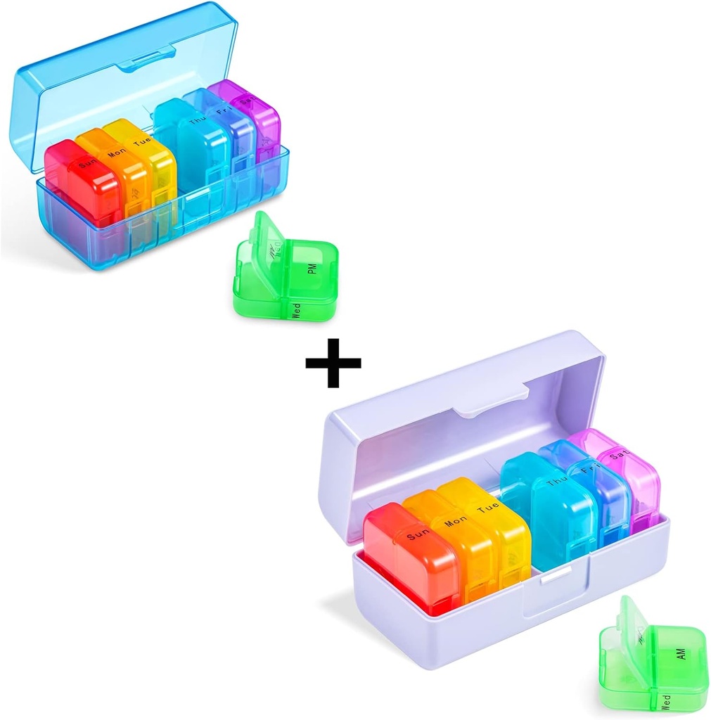 Zoksi Weekly Pill Organizer 2 Times a Day, Rainbow 7 Day Am Pm Pill Box, Daily Am Pm Pill Organizer 7 Day, Portable Vitamin Pill Case, Weekly Pill Box for Fish Oils, Vitamin, Supplement (2 Pack)