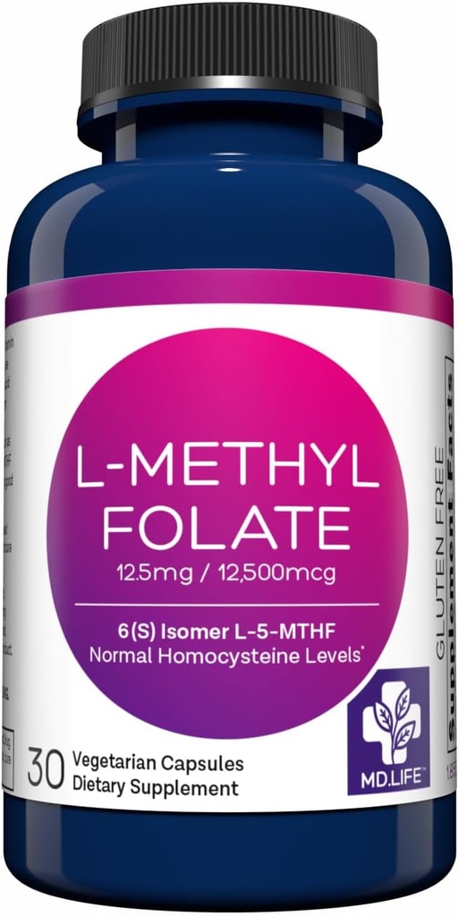 MD Life L-Methylfolate 12.5 mg Supplement - Professional-Grade Active L Methylfolate Supplement - 30 Capsules - L-Methylfolate 12.5mg - Maximum Potency MTHFR W/Essential Amino Acids