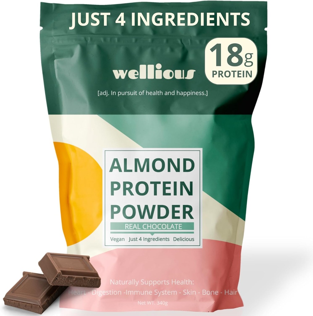 wellious Almond Protein Powder (Chocolate) - 18 Grams of Pure Healthiest Vegan Protein for Women & Men - Perfect Gluten-Free, Soy-Free & Smooth Gut Friendly Protein Powder for Sports Nutrition