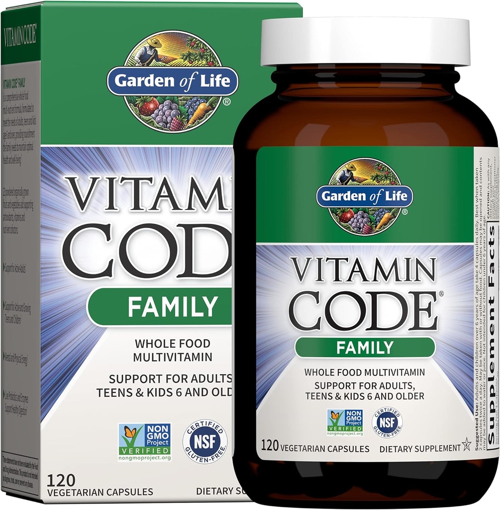 Garden of Life Multivitamin for Women, Men & Kids Age 6 and up, Vitamin Code Family Multi - 120 Vegetarian Capsules, Whole Food Vitamins, Food Blend & Probiotics, Gluten Free Dietary Supplements