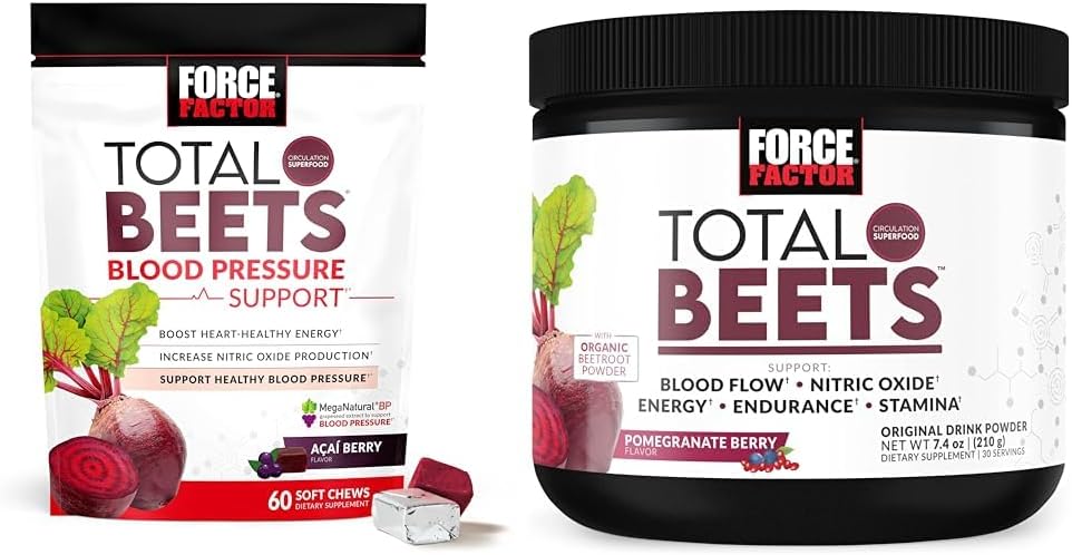 Force Factor Total Beets Blood Pressure Support Supplements with Beet Powder & Total Beets Drink Mix Superfood Powder with Nitrates to Support Circulation