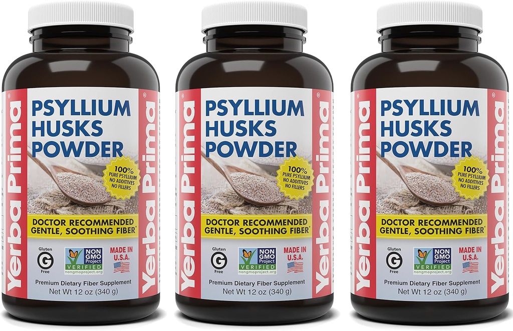Yerba Prima Psyllium Husks Powder - 12 oz (Pack of 3) - Natural Fiber Supplement - Colon Cleansing - Vegan, Non-GMO, Gluten-Free (New Label - Packaging May Vary)