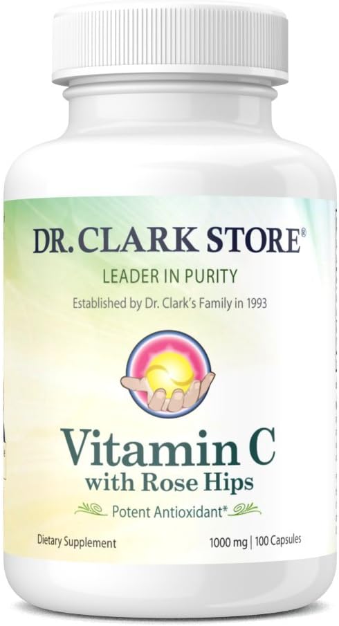 Dr. Clark Vitamin C with Rose HIPS Supplement – 1000mg, 100 Gelatin Capsules, Immune Support & Antioxidant Protection