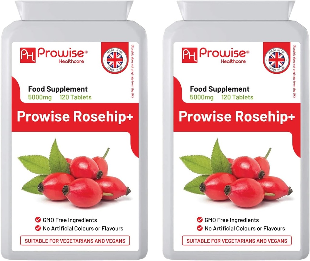 Rosehip Health+ (Pack of 2) 5000mg 120 Tablets - UK Manufactured GMP Guaranteed Quality - Suitable for Vegetarians & Vegans by Prowise Healthcare