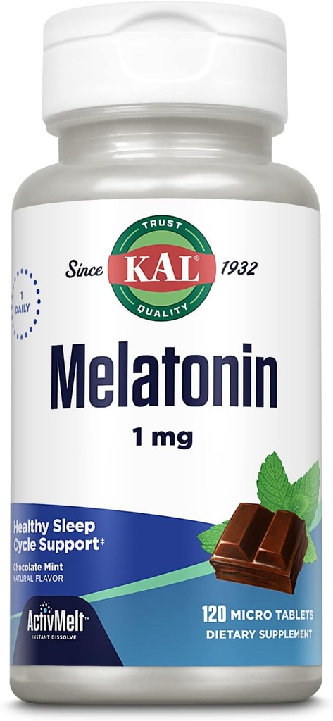 KAL Melatonin 1mg Sleep Aid, Melatonin Supplement Supports Calming Relaxation and a Healthy Sleep Cycle, Fast Dissolving ActivMelts, Natural Chocolate Mint Flavor, Vegetarian, 120 Serv, 120 Micro Tabs