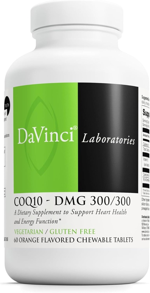 DAVINCI Labs CoQ10 - DMG 300/300 - Supports Heart Health and Energy Function* - Dietary Supplement with Coenzyme Q10 & Vitamin E - Vegetarian - Gluten-Free - 60 Orange Flavored Chewable Tablets
