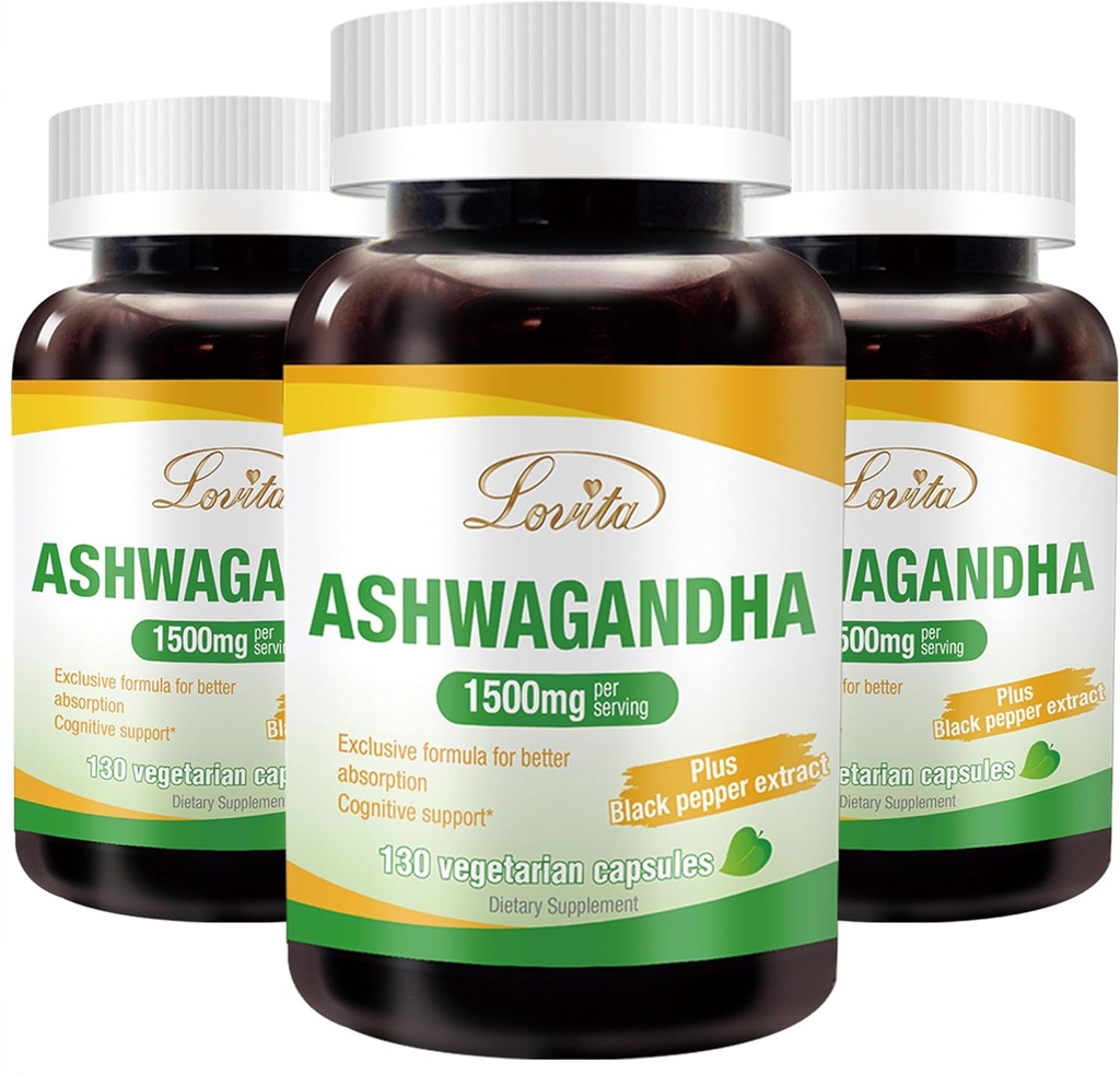 Lovita KSM-66 Ashwagandha | Highly Concentrated | 5% Withanolide | 95% Black Pepper Piperine | Stress Relief & Energy Support | Vegan, Gluten Free | 130 Capsules (Pack of 3)