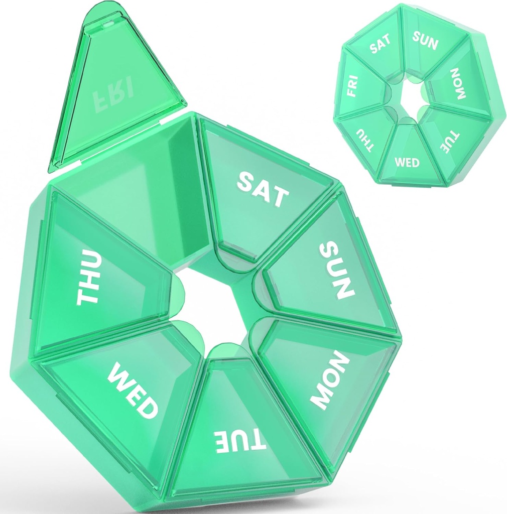 Weekly Pill Organizer, 2 Pack Portable Pill Box Medicine case 6 Colors (Seven Day) New Edition for Vitamin/Fish Oil/Pills/Supplements-Arthritis Friendly (Cyan)