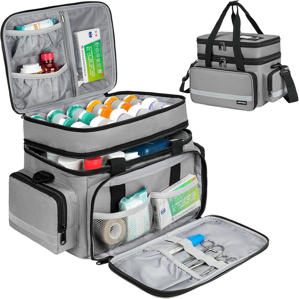 Large Pill Bottle Organizer, Double Layers Medicine Storage Bag with Lockable Zippers and Shoulder Strap,Medication Travel Bag for Prescription Bottles, Vitamins & Medical Supplies, Gray (Bag Only)