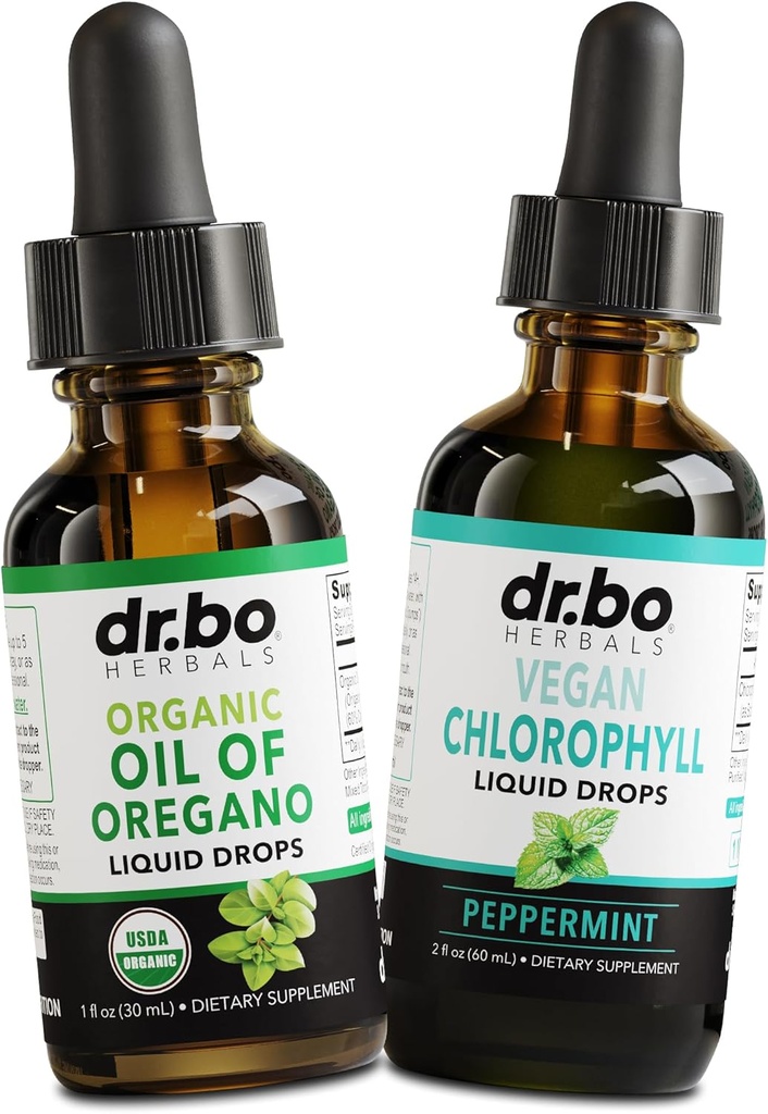 Oregano Oil Organic Liquid Drops & Chlorophyll - Oil of Oregano Drops Tincture Extract & Vegan Chlorophyll Liquid Body Detox Cleanse Immune Support - Digestive Gut Health Odor Cleanse Supplement