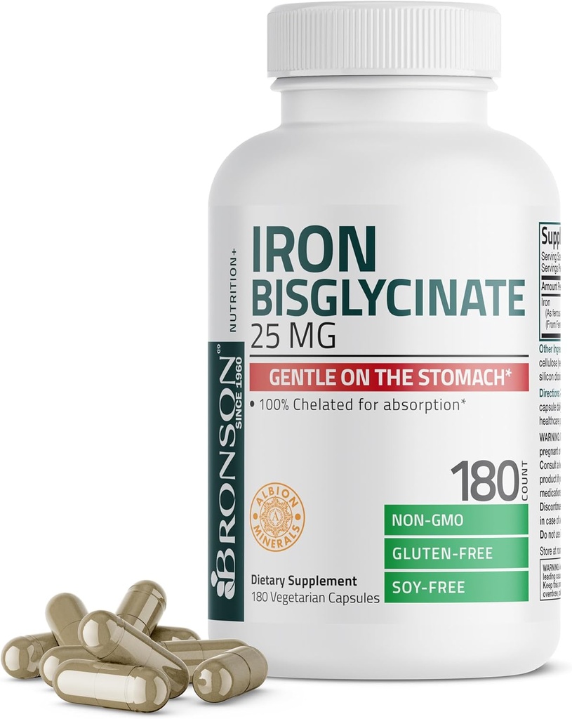 Bronson Iron Bisglycinate 25 mg Gentle on The Stomach, Supports Energy & Healthy Red Blood Cell Production - Non-Constipating Formula - Non GMO, 180 Vegetarian Capsules