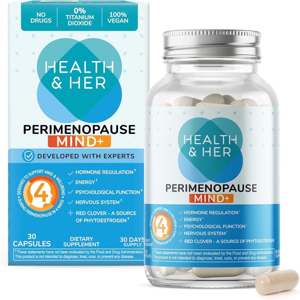 Health & Her Perimenopause Mind+ Cognitive Function Support, for Early Stage of Menopause, Mental Energy, Supplements for Women with Vitamins, Gluten-Free, Non-GMO, Vegan (30 ct - 1 Month)