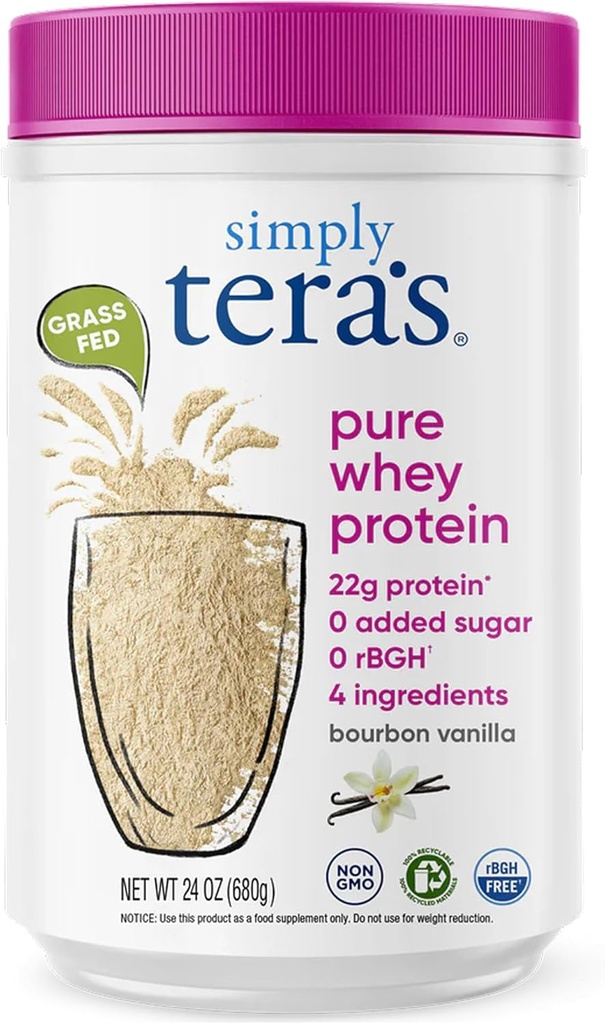 simply tera's Pure Whey Protein Powder - Grass Fed Vanilla Whey Protein Powder, Clean, Made Without Artificial Sweeteners, Non-GMO, Kosher, rBGH-Free, Soy-Free - 24 Oz.