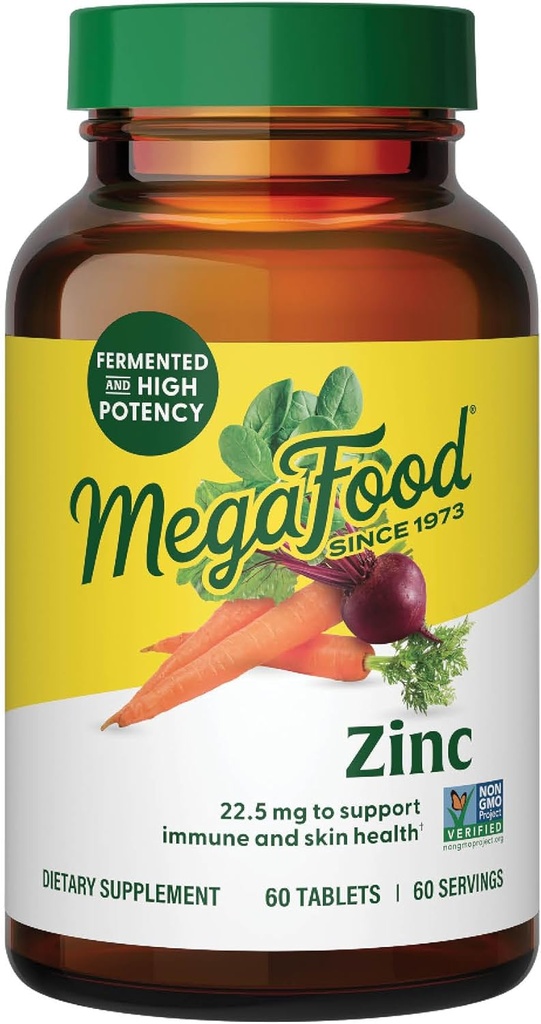 MegaFood Zinc Supplements - Vegan Immune Support Supplement With 22.5 mg High Potency Fermented Zinc - Made With Real Food - Gluten-Free, Kosher - 60 Tablets, 60 Servings