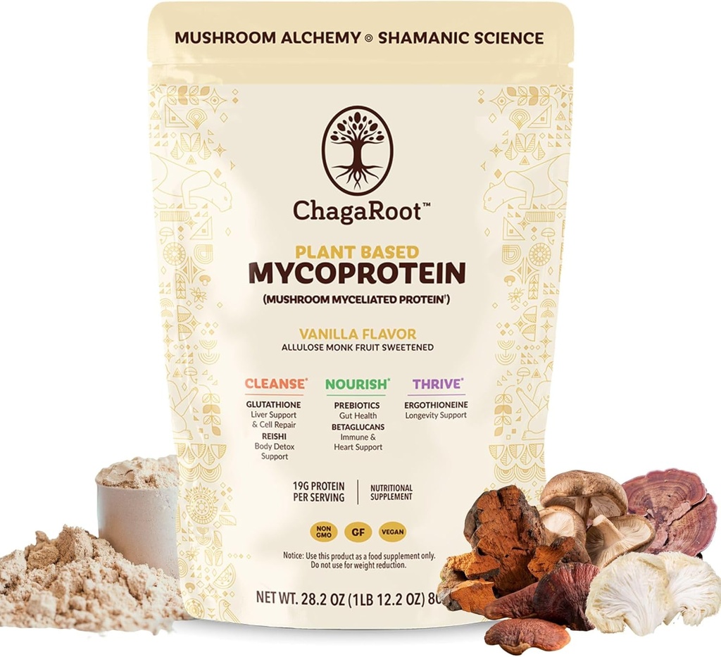Mycoprotein Mushroom Protein Powder - Vegan Protein, Plant Based, Superfood, Master Blend of Chaga, Reishi, Turkey Tail, Shiitake, Lions Mane - Vanilla (1.76 lb)
