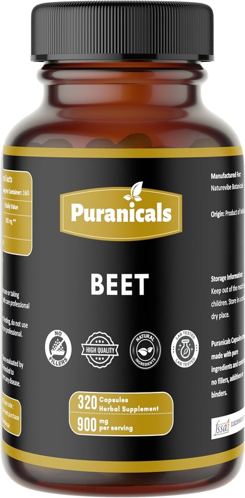 Beet Premium 320 Capsules Nitric Oxide Booster | Herbal Supplement | 900 mg Per Serving | Made with 100% Pure Beetroot Powder (Beta Vulgaris)