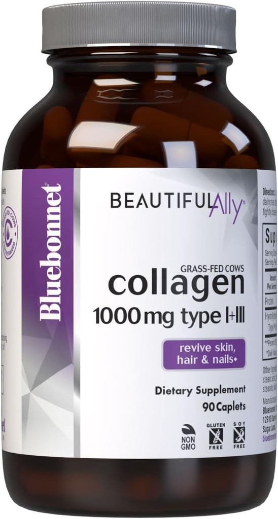 Bluebonnet Nutrition Beautiful Ally Collagen Caplets, Hydrolyzed Collagen from Grass Fed Cows, Collagen Peptides Type 1 & 3, Non GMO, Gluten Free, Soy Free, Milk Free, 90 caplets, 90 Day Supply