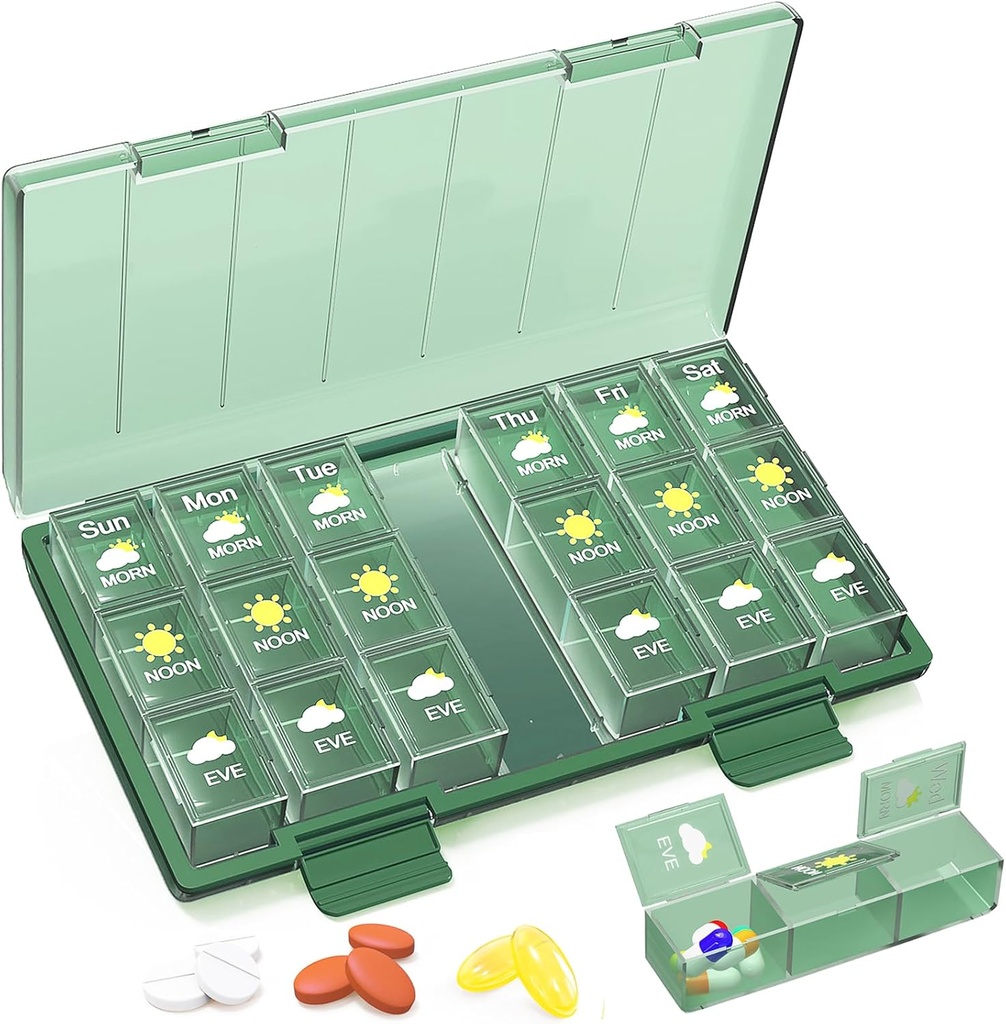 Medilax Weekly Pill Organizer 3X a Day, Portable Pill Box 7 Day Easy to Use, Daily Pill Case for Travel with Triple Protection, Pill Containers for Vitamins/Medication/Supplements, Green