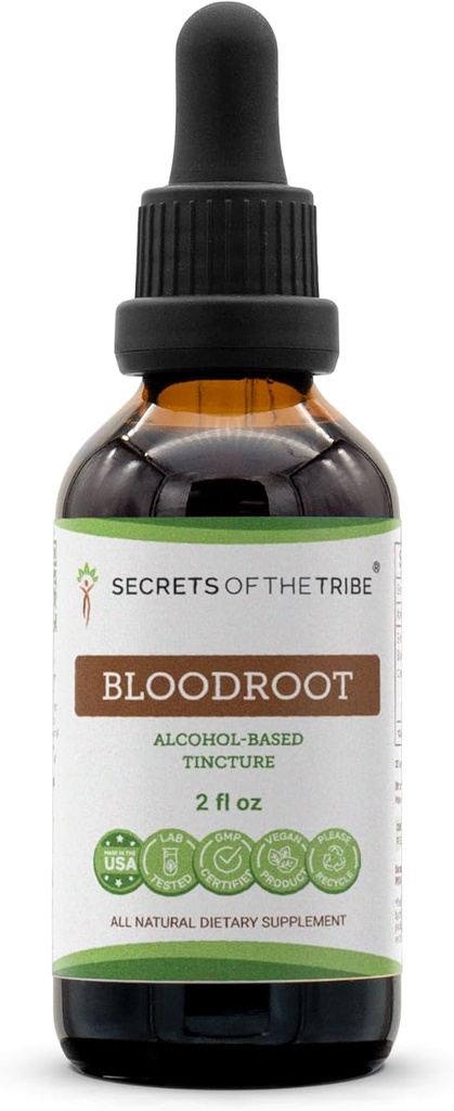 Secrets of the Tribe Bloodroot Alcohol Tincture Extract, Responsibly farmed Bloodroot (Sanguinaria Canadensis) Dried Root (2 fl oz)