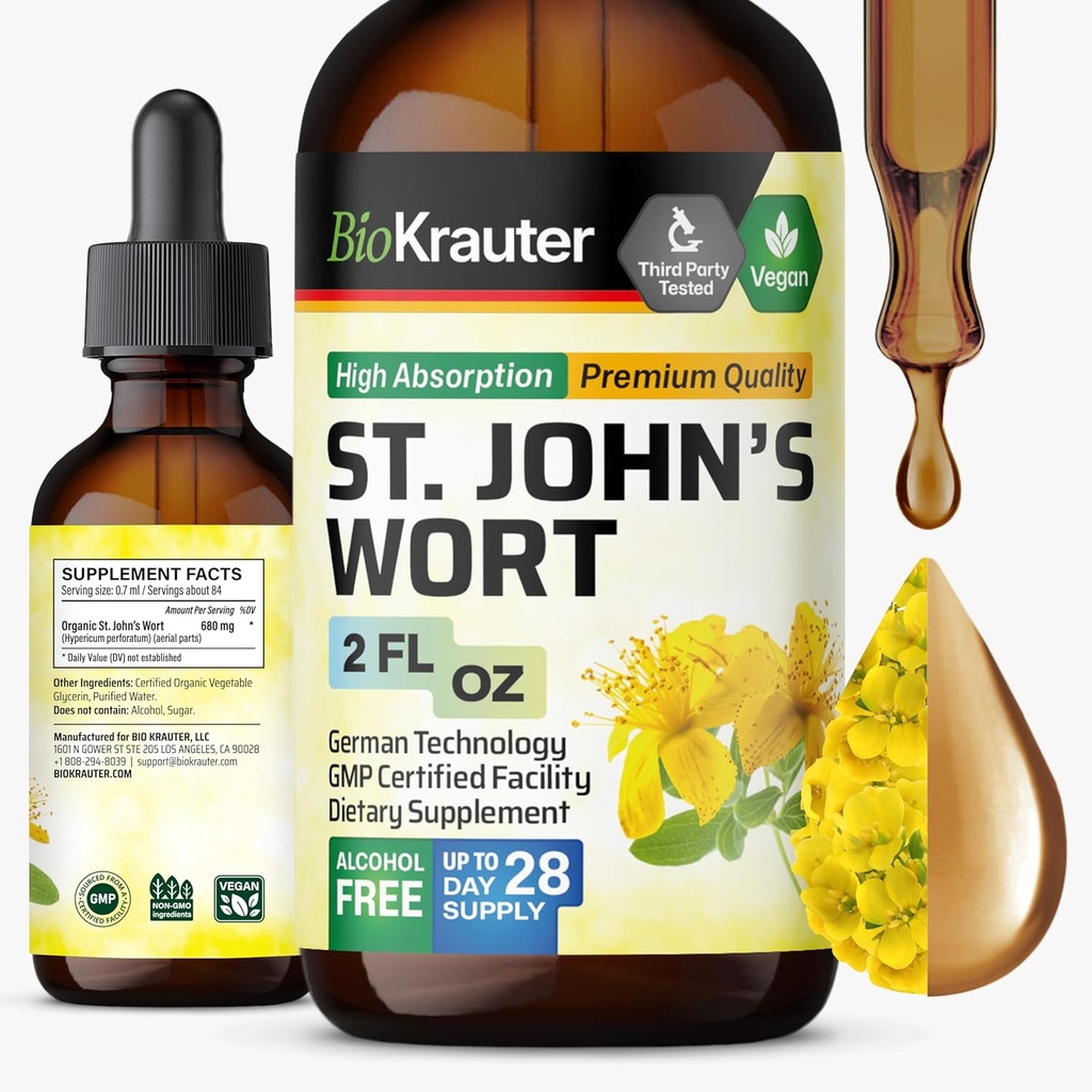 BIO KRAUTER St John's Wort Tincture - Hypericum Perforatum Liquid Extract for Mood Support - High Absorption - Vegan Drops 2 Fl.Oz.