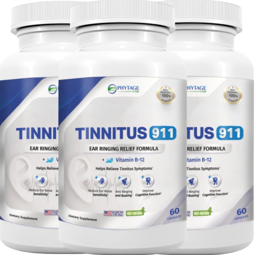 Tinnitus 911 – Advanced Ear Ringing Relief Supplement – Daily Auditory Support Formula with Vitamin B12, Hawthorn Berry, Olive Leaf & Green Tea Extract - 3 Pack
