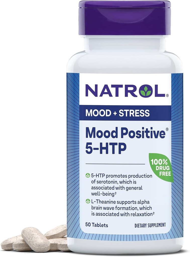 Natrol Mood Positive 5-HTP and L-Theanine for Balanced Mood and Relaxation, 50 Tablets, Up to a 50 Day Supply